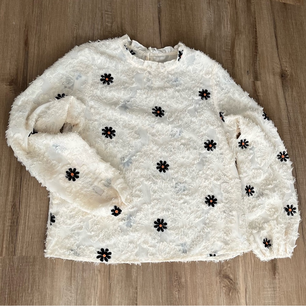 Cream floral embroidered sheer cottage core fairy whimsical top size S (est)